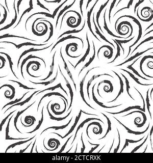 Stock black and white vector seamless pattern. Water waves or splashes. Abstract texture from brush strokes isolated on white background Stock Vector