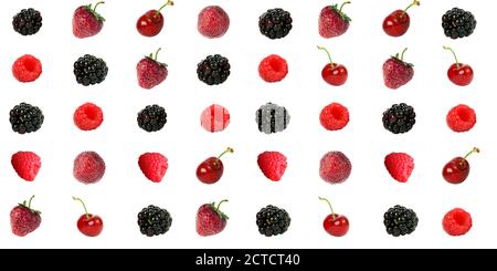 Assortment of ripe berries, lined up in rows, on a white background in isolation Stock Photo