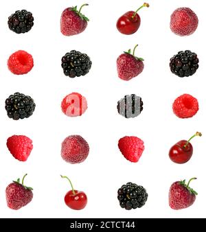 Assortment of ripe berries, lined up in rows, on a white background in isolation Stock Photo