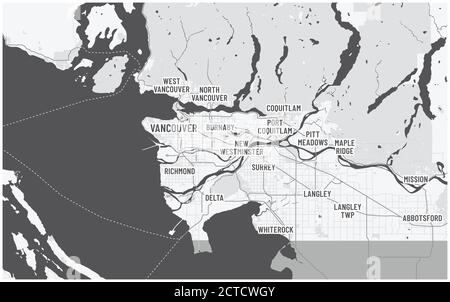 Greater Vancouver map and municipalities. Canada, British Columbia. Written city names of metro Vancouver. Roads, highways US border visible. Stock Vector