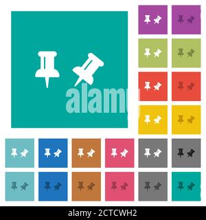 Toggle pin multi colored flat icons on plain square backgrounds. Included white and darker icon variations for hover or active effects. Stock Vector
