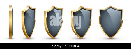 Shields with reflection in shiny gold frames front, side view set Stock Vector