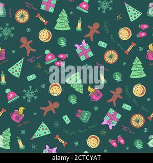 Icons set Christmas and New year seamless pattern-vector illustration. colored icons on a new year theme on a green background Stock Vector