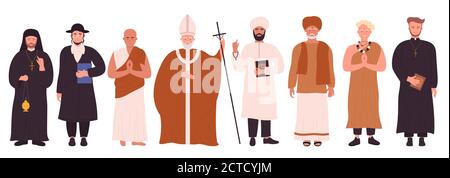 People of different religions infographic vector illustration set. Cartoon flat holy religious characters collection with catholic priest and pastor, Christian pope, Buddhist monk isolated on white Stock Vector