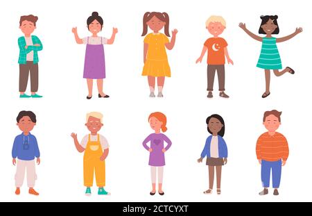 Happy diverse cute kids set vector illustration. Cartoon flat child characters group of different race smiling, preschool or school small boy and girl, children. Stock Vector