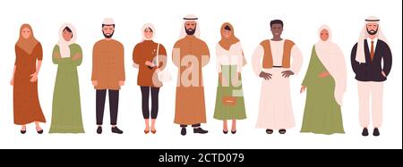 Muslims people vector illustration set. Cartoon flat happy Muslim man woman characters in different clothes standing together in row, Islamic religious young persons collection isolated on white Stock Vector