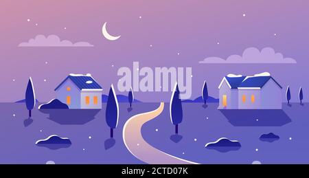 Winter landscape at night vector illustration. Cartoon flat frost rural nature, panoramic snow countryside scenery, farm houses with window lights in village, moon and stars in night sky background Stock Vector