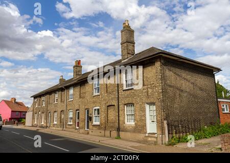 Row of cottages with many bricked up windows (probably to avoid the Window Tax), on Cross Street, Sudbury, a market town in Suffolk, UK. Stock Photo