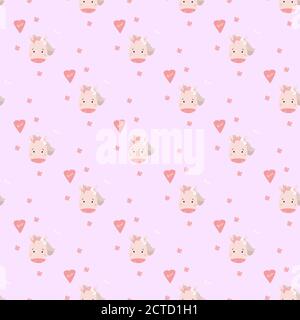 Seamless patterns. Cute girl unicorn with hearts and flowers on a light pink background. Childrens collection in the Scandinavian style. Vector. For Stock Vector