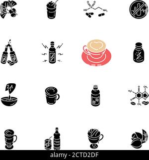 Energy drinks and caffeine black glyph icons set on white space Stock Vector