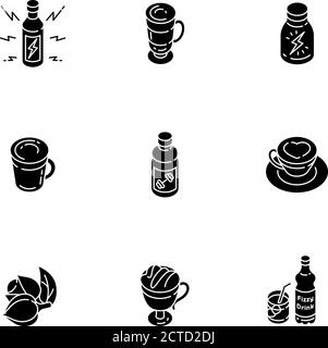 Energy drinks black glyph icons set on white space Stock Vector