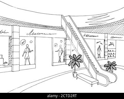 Shopping mall graphic black white interior sketch illustration vector Stock Vector