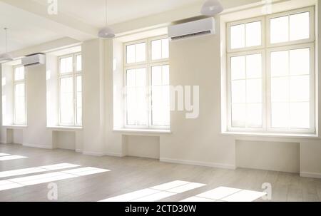 Empty light white room with window with sunlight. Stock Photo