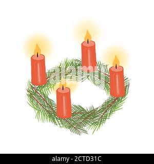 Four Advent Candles on Christmas Wreath. Hand drawn holiday illustration. Stock Photo