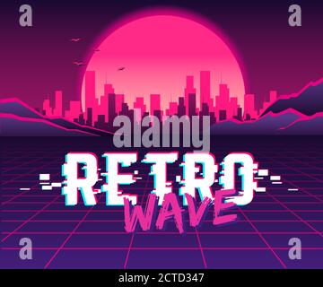 Retro future of the 80s. 1980s retro futuristic background style. Road to the city at sunset in the style of the 1980s. Digital retro cityscape sci-fi Stock Vector
