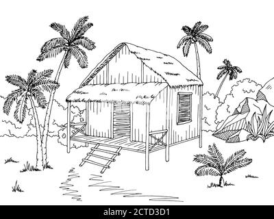 Jungle hut house graphic black white sketch illustration vector Stock Vector
