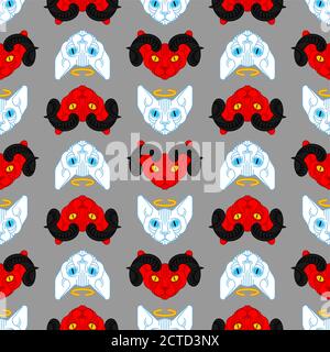 Cat Angel and demon pattern seamless. Red cat with devil horns background. White pet with wings and halo texture Stock Vector