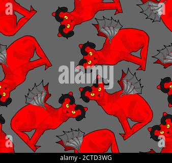 Demon cat pattern seamless. Red cat with devil horns background. pet animal satan texture Stock Vector