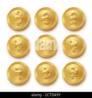 Icons of gold coins with different currencies set Stock Vector