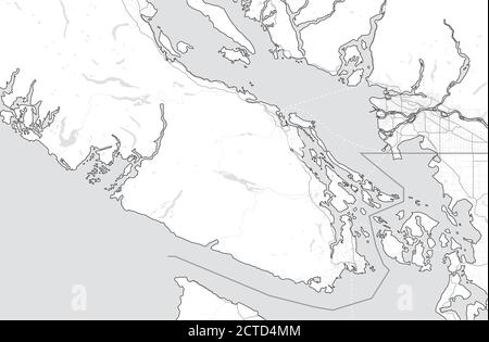 Map of Vancouver Island (Nanaimo, Victoria, Tofino) and Greater Vancouver, Canada, British Columbia. Tourist map. Simple grey scale map without text. Stock Vector