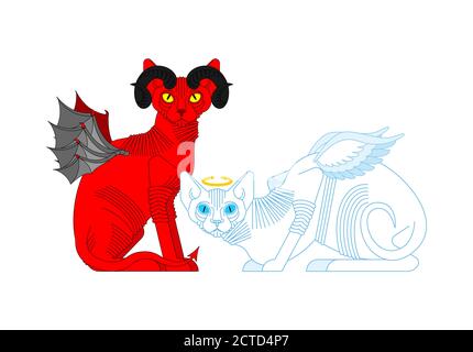 Cat Angel and demon. Red cat with devil horns. White pet with wings and halo Stock Vector