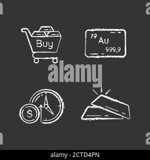 Precious metals trade chalk white icons set on black background Stock Vector