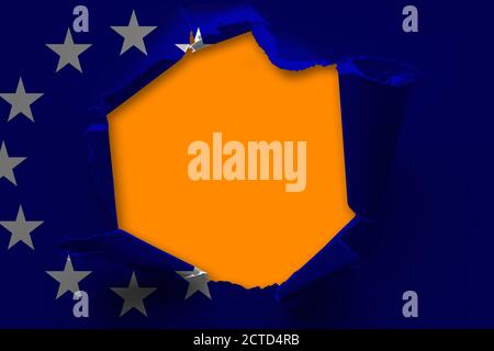 The concept of national flag on denim background with a hole: European Union Stock Photo