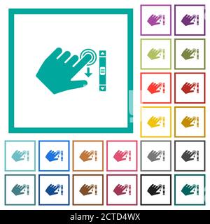 Left handed scroll down gesture flat color icons with quadrant frames on white background Stock Vector