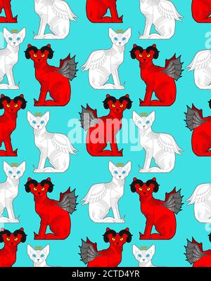 Cat Angel and demon pattern seamless. Red cat with devil horns background. White pet with wings and halo texture Stock Vector