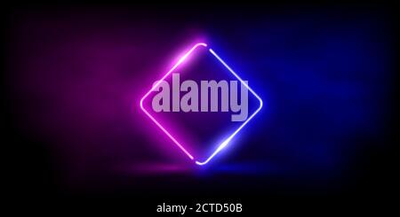Neon rhombus shape or laser glowing pink and blue lines in fog Stock Vector