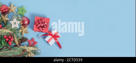 Baner background. Christmas and new year festive composition on blue background with copy space Stock Photo