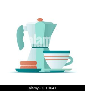 Flat illustration geyser coffee maker and coffee mug with cake macaroon on white background. Vector illustration Stock Vector