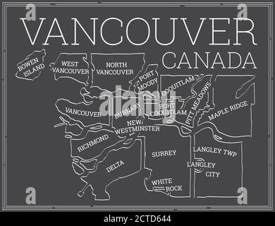 Dark stylized map of greater Vancouver, British Columbia. Blackboard look. White outlined municipalities of surrounding areas of Vancouver. Stock Vector