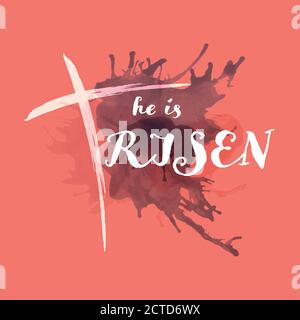 Easter background. Three crosses and empty tomb. Jesus is alive. He is Risen. Resurrection. Stock Vector