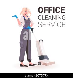 female professional office cleaner woman janitor in uniform with cleaning equipment full length copy space vector illustration Stock Vector