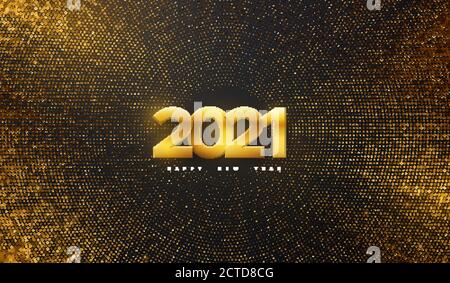 Happy New 2021 Year. Vector holiday illustration. Golden numbers on black background textured with shimmering glitters. Festive event banner with burs Stock Vector
