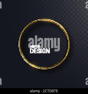 Abstract golden circle shape. Vector 3d illustration. Shiny elegant ring isolated on black transparent background. Jewelry concept. Glossy frame desig Stock Vector