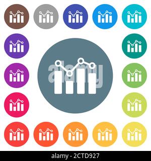 Bar graph with circles and lines flat white icons on round color backgrounds. 17 background color variations are included. Stock Vector