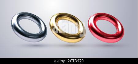 Realistic torus shapes. Vector geometric illustration. 3d multicolored metallic rings collection. Geometric primitives. Decoration elements for minima Stock Vector