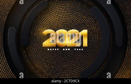 Happy New 2021 Year. Vector holiday illustration. Papercut golden numbers on black geometric background. Festive event banner. Paper shapes and glitte Stock Vector