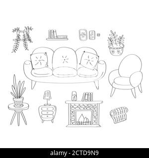 Interior elements. Details of cozy home. Sofa armchair fireplace, table, home plants. Linear hand drawn vector graphic Stock Vector