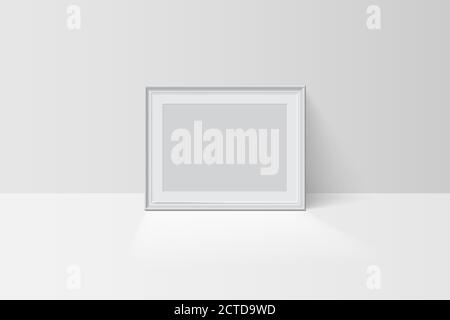 Realistic tree-dimension empty blank white simple frame mockup isolated on light background. Vector horizontal picture or photo framing mat and wide Stock Vector