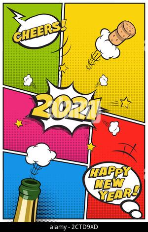 2021 New Year vertical postcard or greeting card template. Vector festive retro design in comic book style with champagne bottle and flying cork. Stock Vector