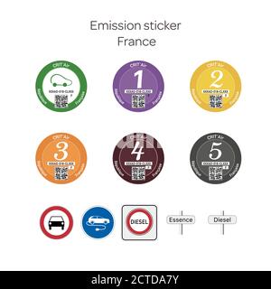 Emission sticker. French emission stickers for cars and traffic signs prohibiting the use of diesel vehicles (in French). Stock Vector