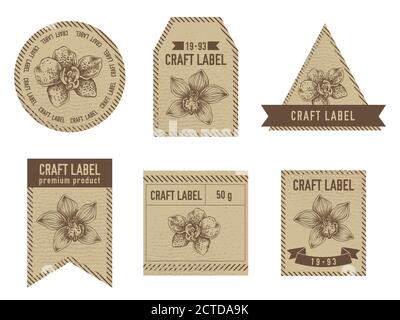 Craft labels vintage design with illustration of phalaenopsis Stock Vector