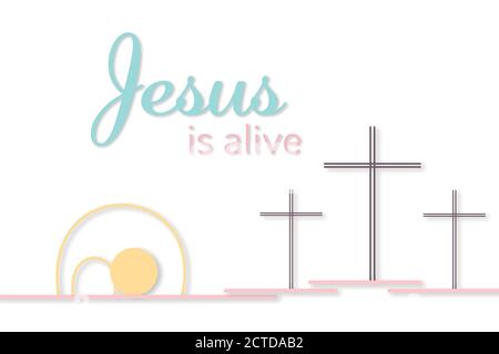 Easter background. Three crosses and empty tomb. Jesus is alive. He is Risen. Resurrection. Stock Vector