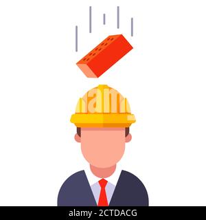 a brick falls on the head of a man in a helmet. flat vector character illustration. Stock Vector