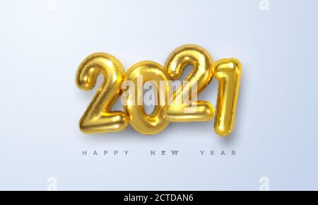 Happy New 2021 Year. Holiday vector illustration of golden metallic numbers 2021. Realistic 3d sign. Festive poster or banner design Stock Vector
