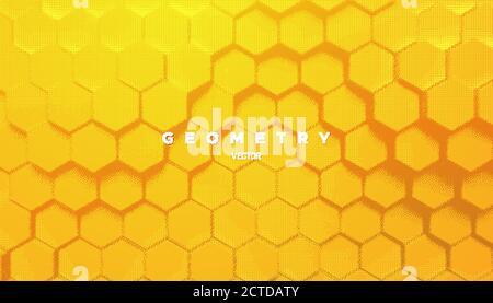 Abstract yellow geometric background. Vector minimal illustration. Bright gradient hex shapes textured with halftone pattern. Creative cover design. A Stock Vector