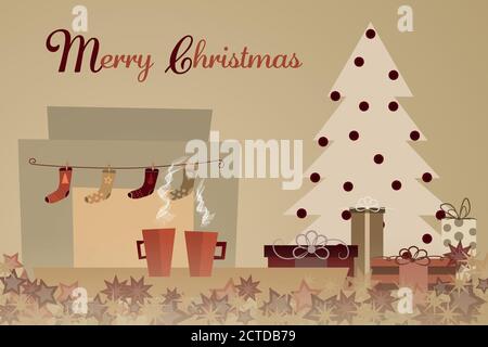 Christmas time. Two cups with Christmas tree, presents and socks over the fireplace. Text : Merry Christmas Stock Vector